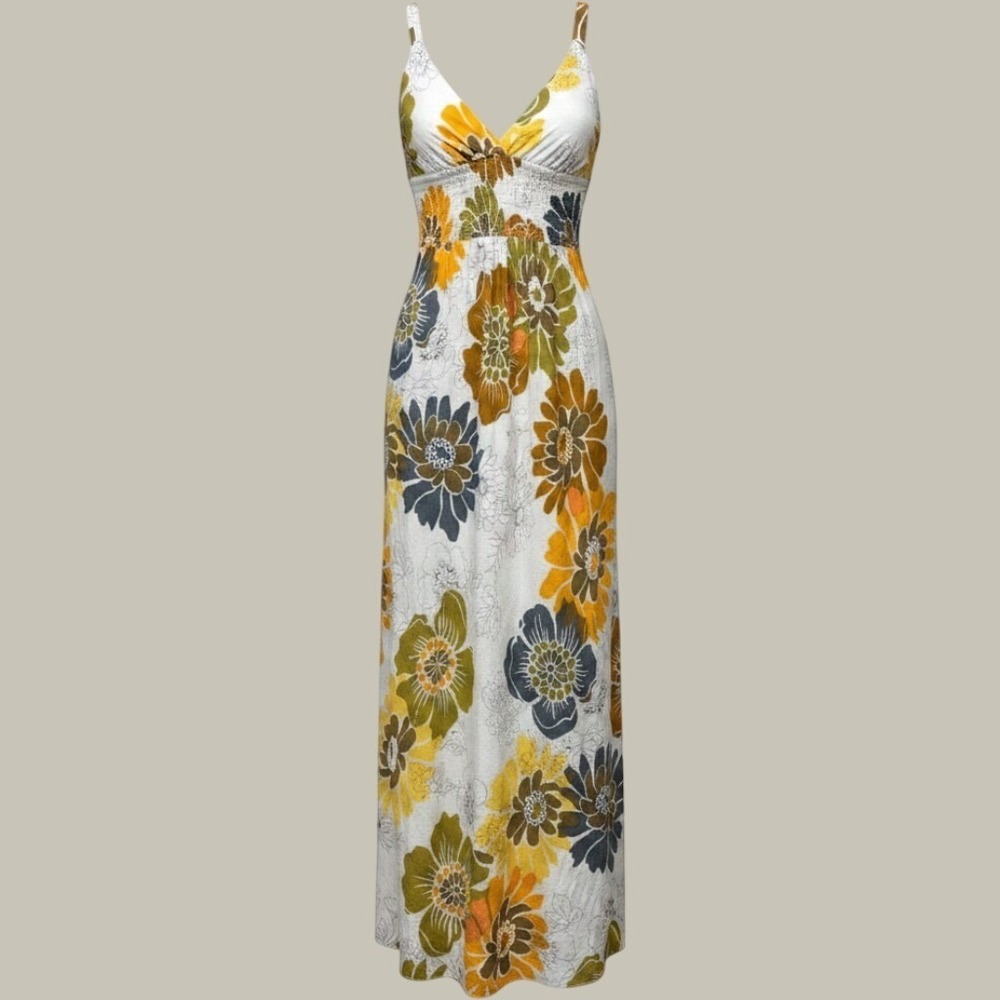 Mille Gabrielle Floral Maxi Dress Large Yellow Green Cotton Smocked Boho Sun 70s